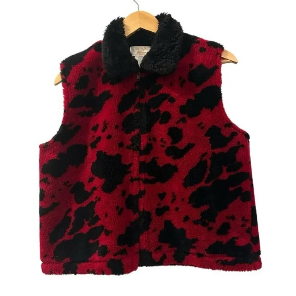 90s Tally-Ho Red Black Cow Print Vest Faux Fur Collar Y2K Retro Medium Petite